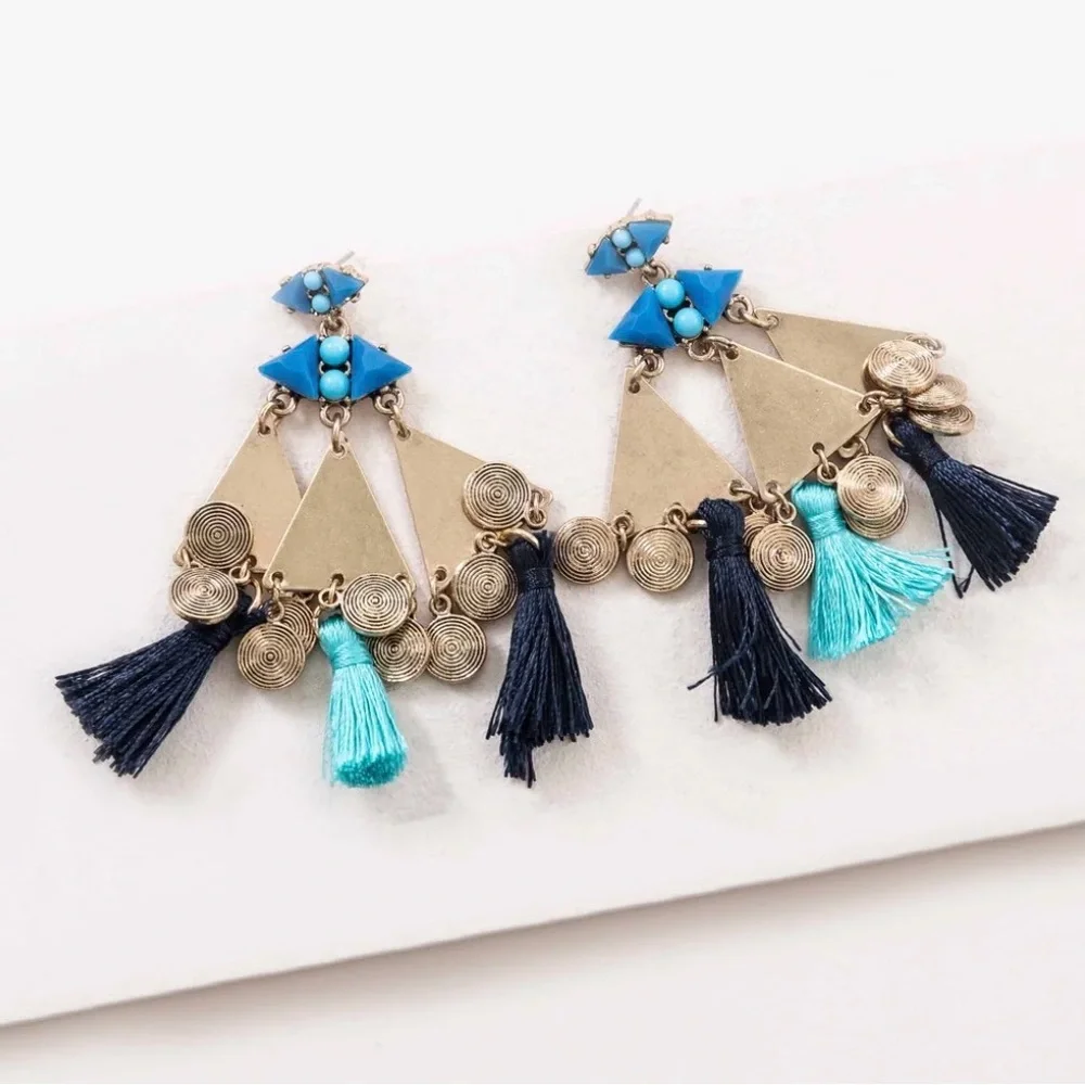 Astral by Charlie Paige Gypsy Blues Boho Tassel Earrings Gold Blue Turquoise